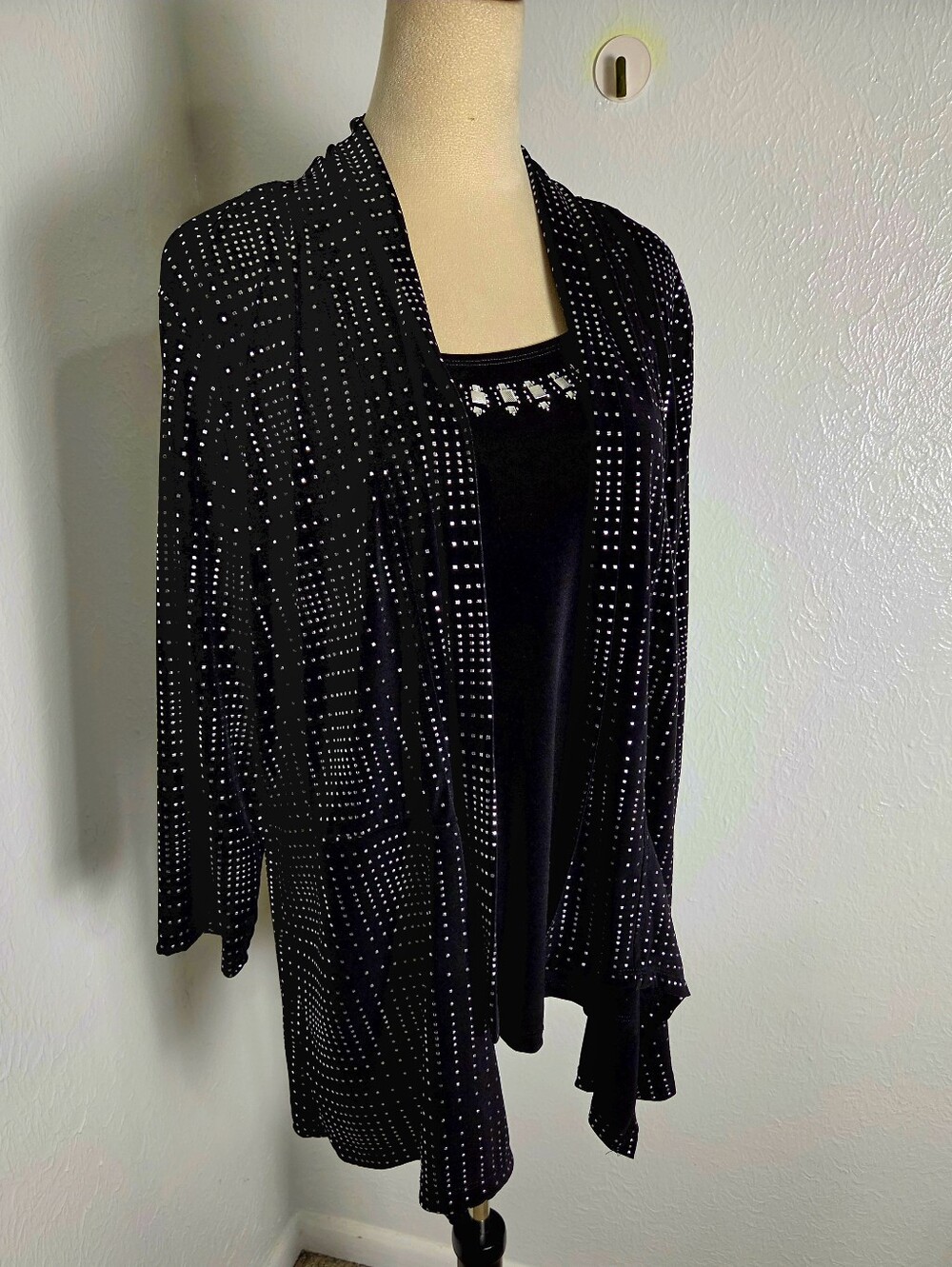 JM Collection Black & Silver Studded Waterfall Jacket with Tank, Size XL - Picture 9 of 11
